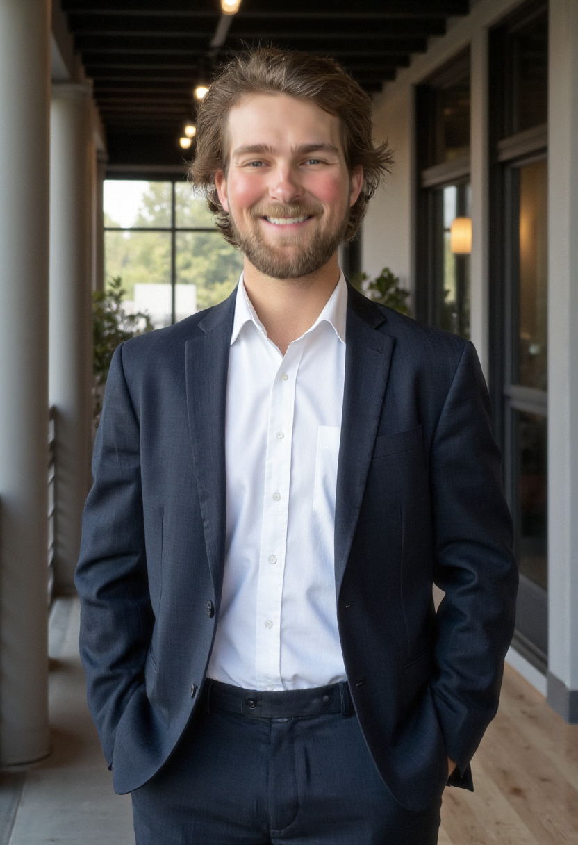 Theo Johnson smiling in a red plaid shirt and tortoise shell glasses